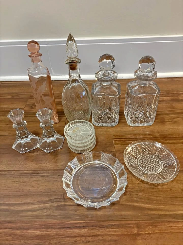 Crystal Decanters Candle Holders Coasters Trays Lot