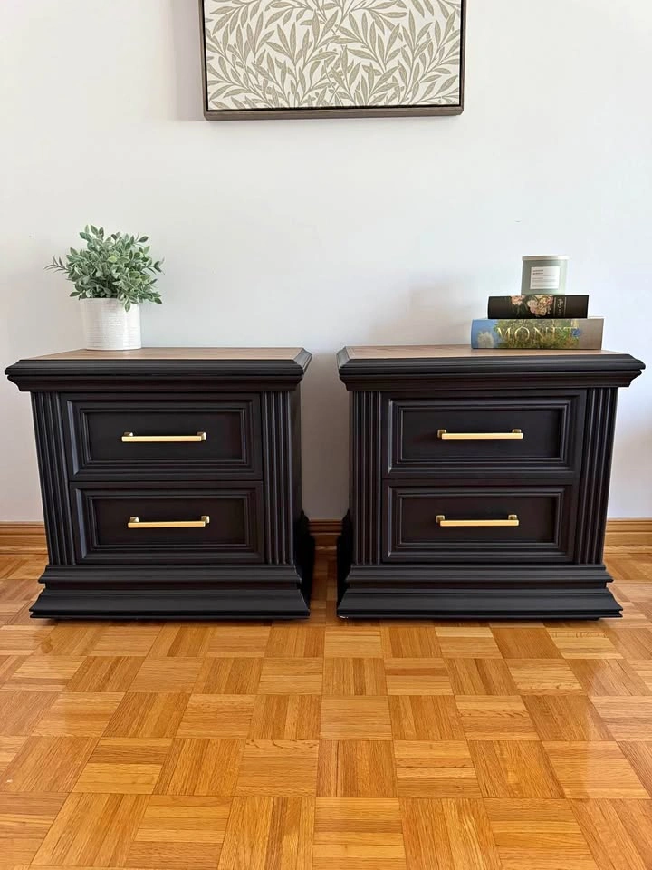 Refinished Modern Black Nightstands | Solid Wood Drawers | Pair