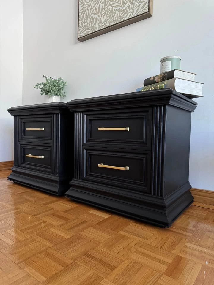 Refinished Modern Black Nightstands | Solid Wood Drawers | Pair - photo 2