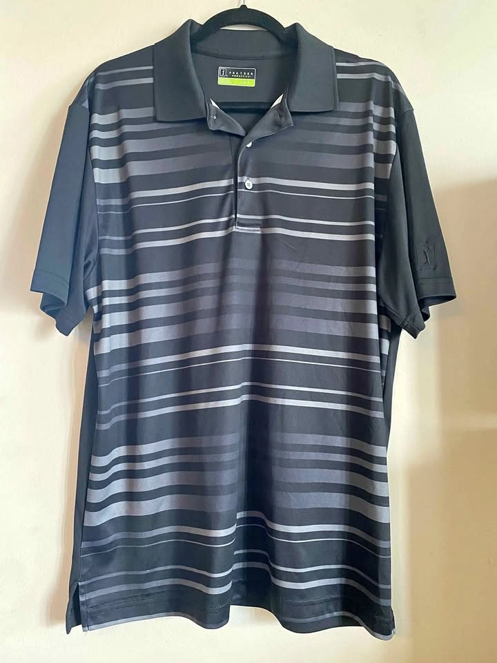 PGA TOUR PROSERIES black grey striped polo shirt large
