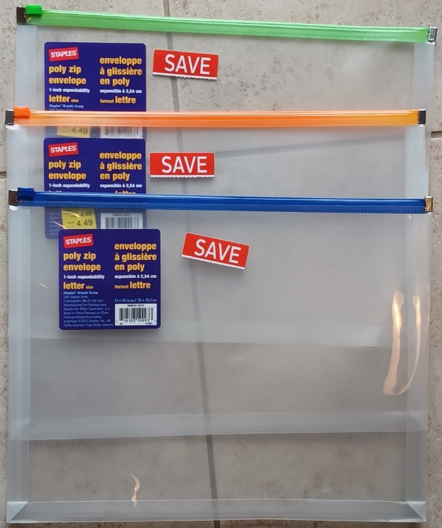 3 NEW Staples Poly Zip Envelopes with 1" Expansion - Letter Size