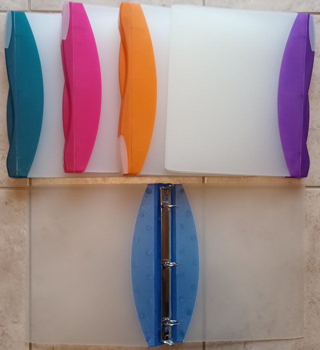 5 NEW 1" Hard Plastic, Colored End, 3 Hole Binders