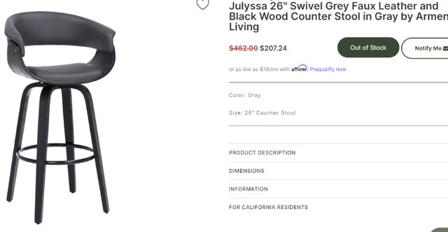 NEW Julyssa 26 Counter Height Swivel Grey Faux Leather Stool