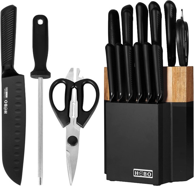NEW HOBO 15 Pcs Matte Black Kitchen Knife Set with Wooden Block