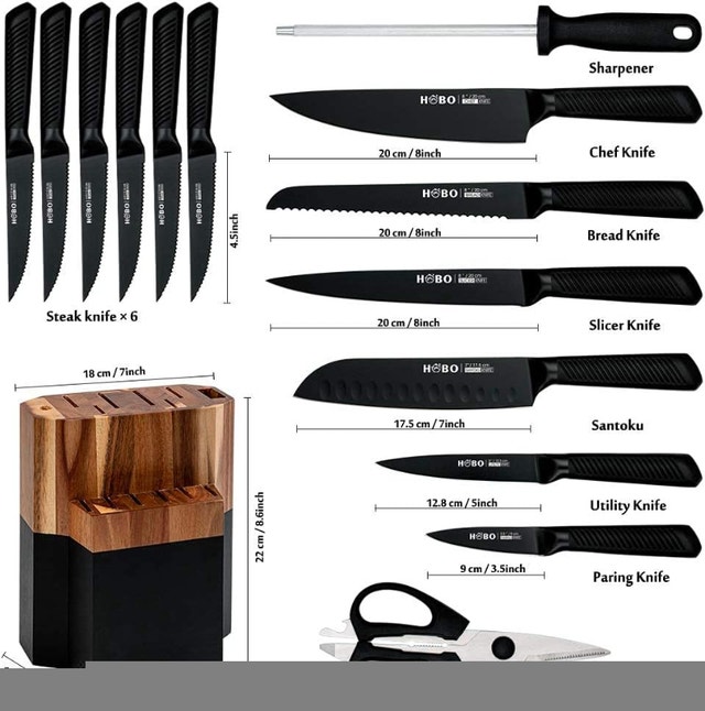 NEW HOBO 15 Pcs Matte Black Kitchen Knife Set with Wooden Block - photo 2