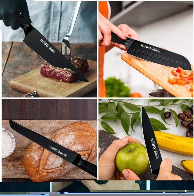 NEW HOBO 15 Pcs Matte Black Kitchen Knife Set with Wooden Block - photo 5