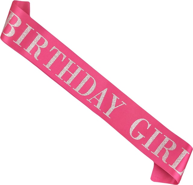 NEW "Birthday Girl" Sash, Pink Satin w Silver Glitter Lettering