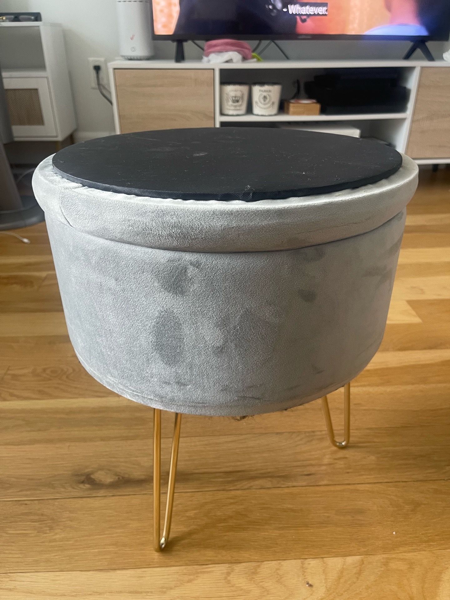 Circular velvet blue side ottoman with storage - photo 2