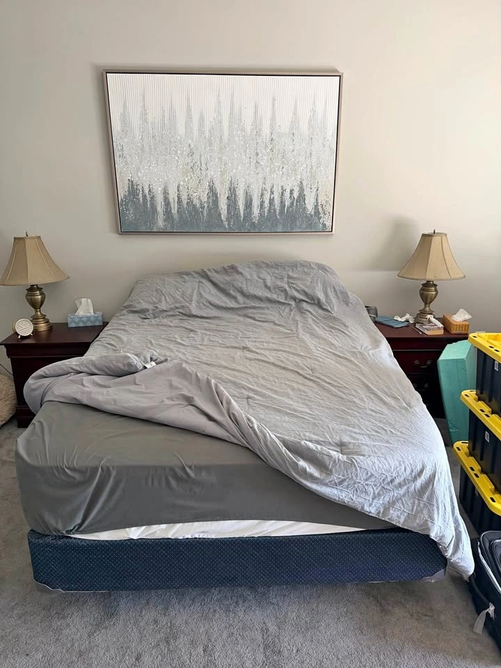 Endy Hybrid Queen Mattress, Box Spring, Frame, and Bedding