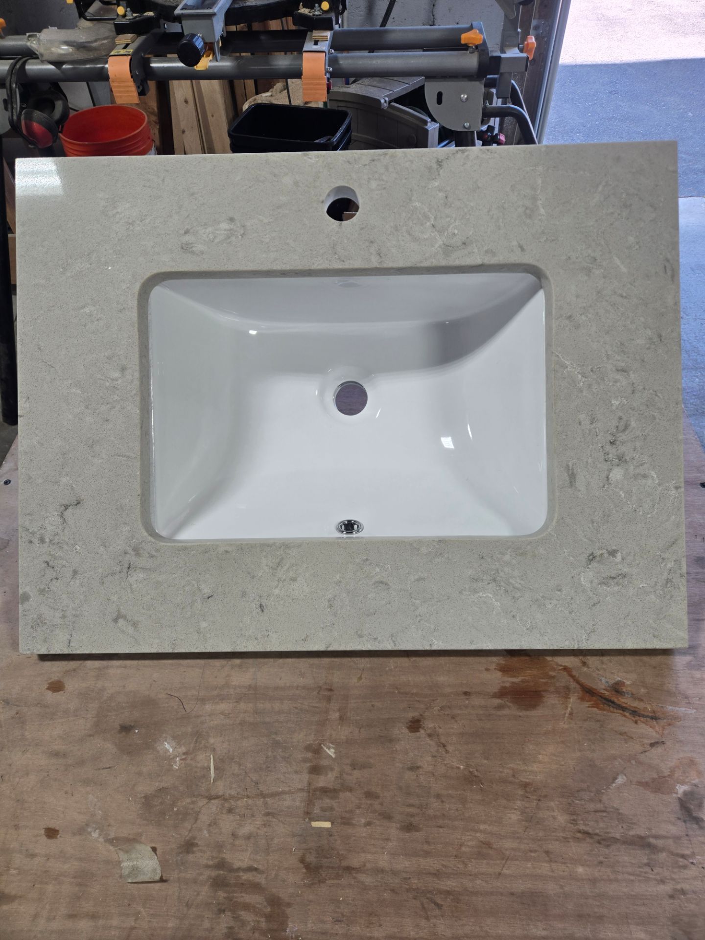 New greige quartz countertop with mounted sink