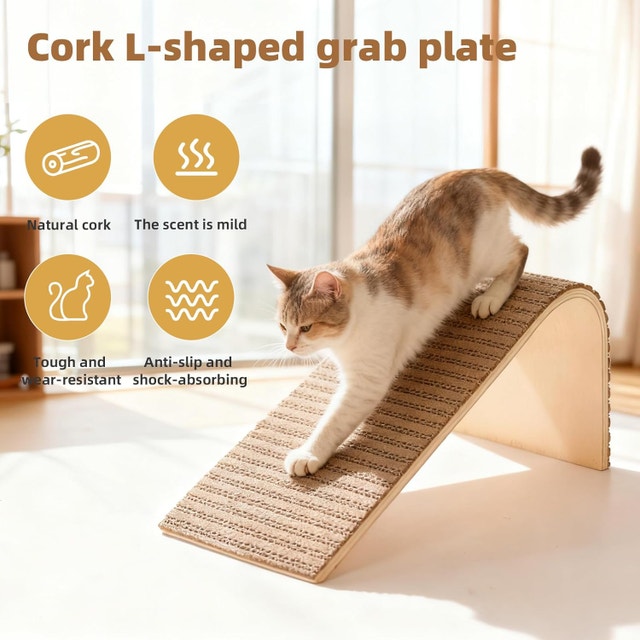 Natural Cork L-Shaped Cat Scratcher, Eco-Friendly Corrugated