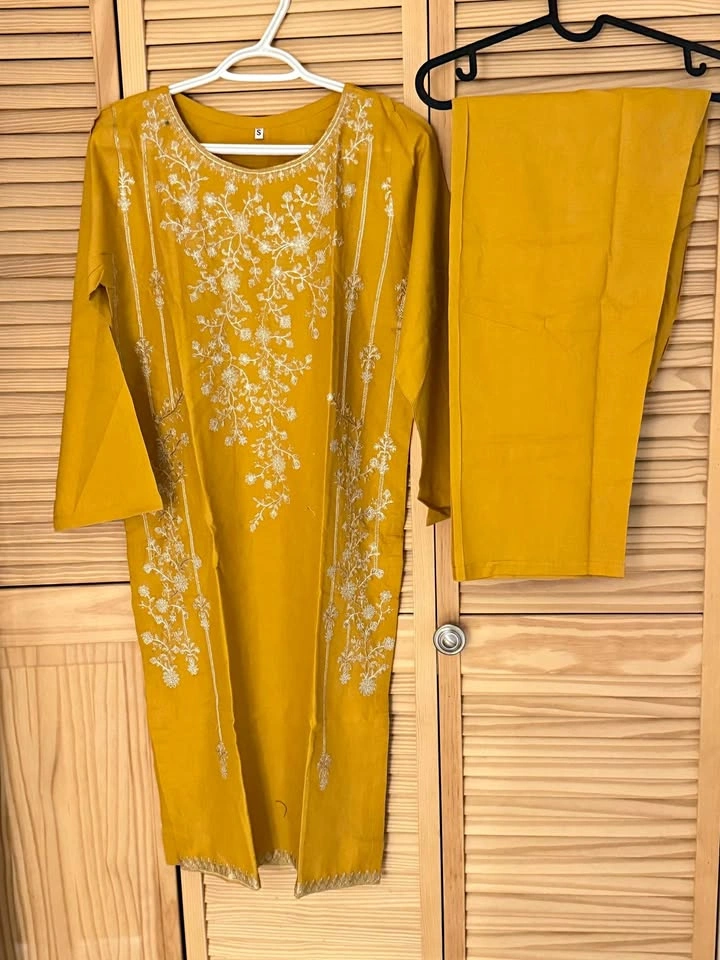 Brand New 2-Piece Mustard Yellow Embroidered Kurti & Trouser Set