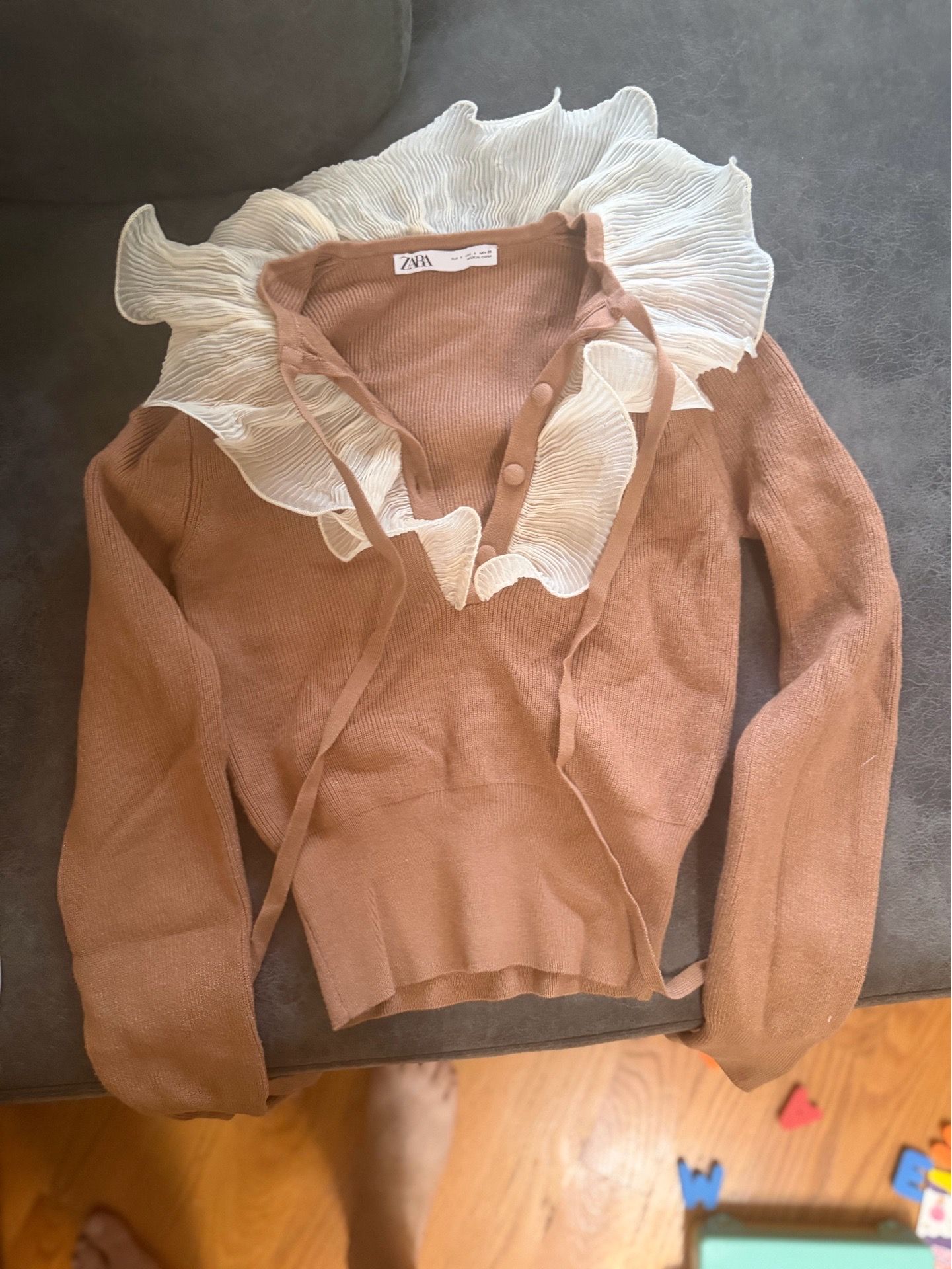 Zara Brown/White Knit Cardigan Sweater Ruffle Collar Women's S