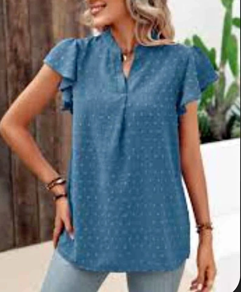 Blue Flutter Sleeve Blouse