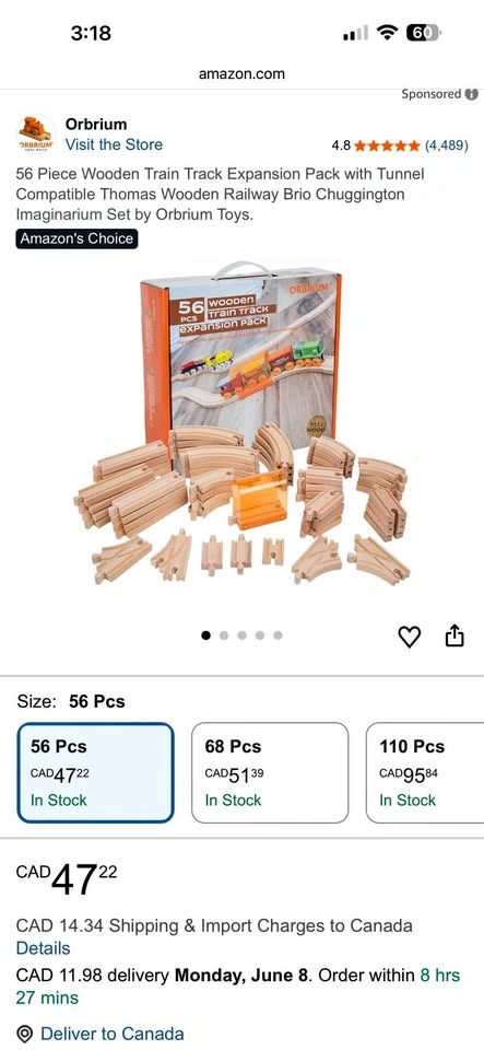 56 Piece Wooden Train Track Expansion Pack with Tunnel