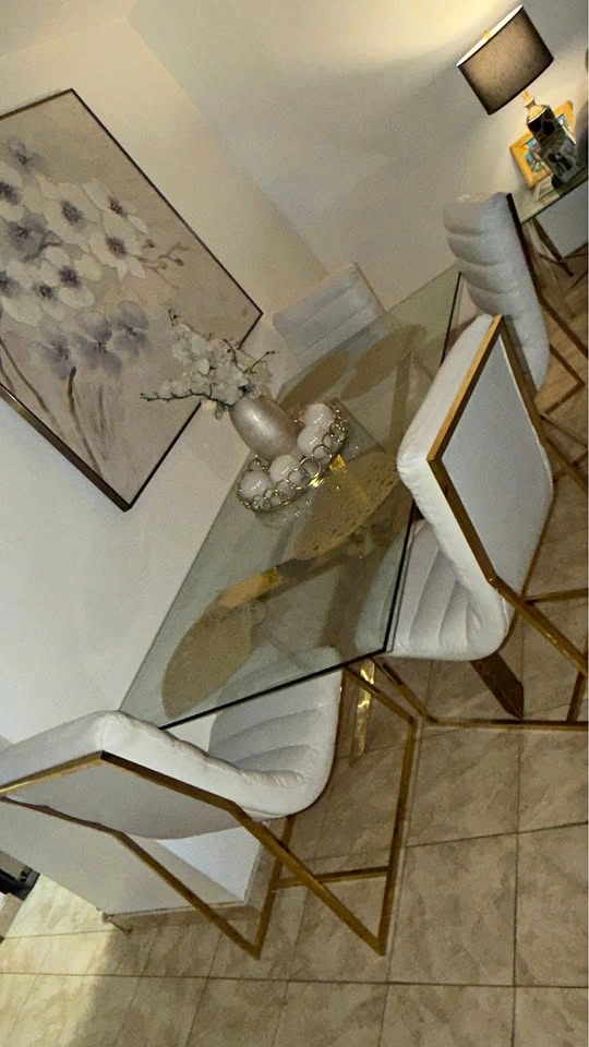 Glass Dining Table with 4 White & Gold Chairs