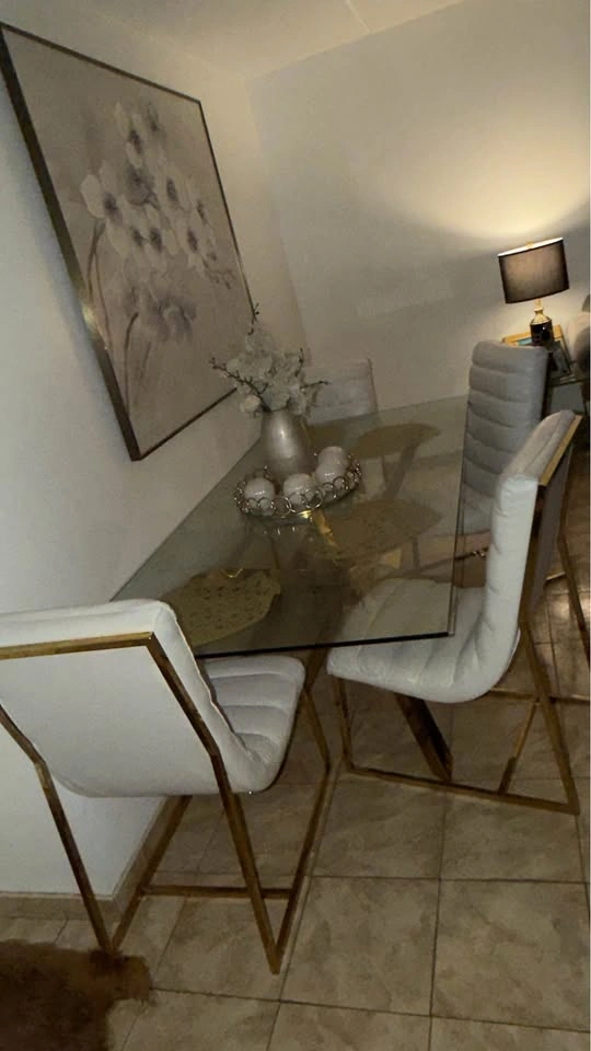 Glass Dining Table with 4 White & Gold Chairs - photo 2
