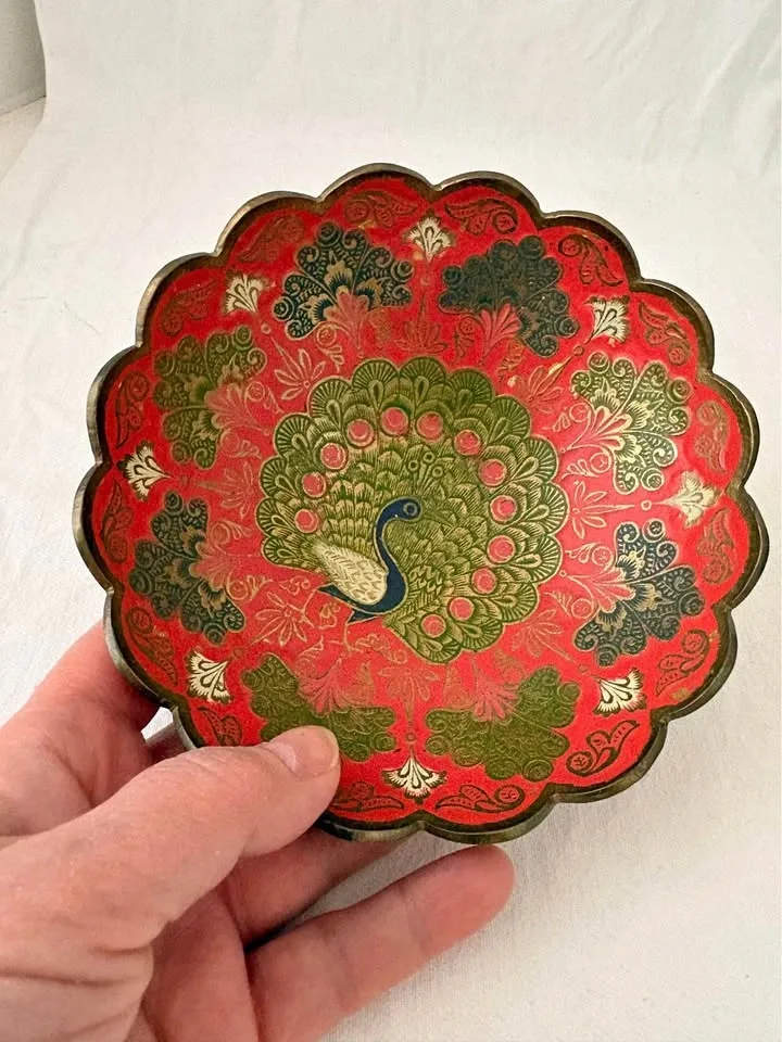 Vintage Indian Brass Enamel Peacock Bowl