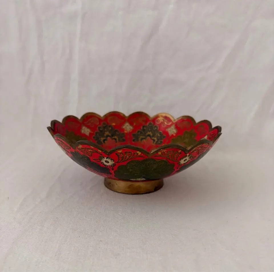 Vintage Indian Brass Enamel Peacock Bowl - photo 2