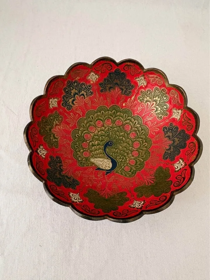 Vintage Indian Brass Enamel Peacock Bowl - photo 3