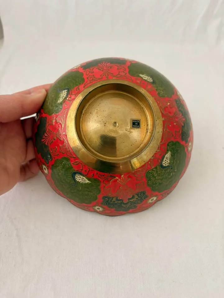 Vintage Indian Brass Enamel Peacock Bowl - photo 4