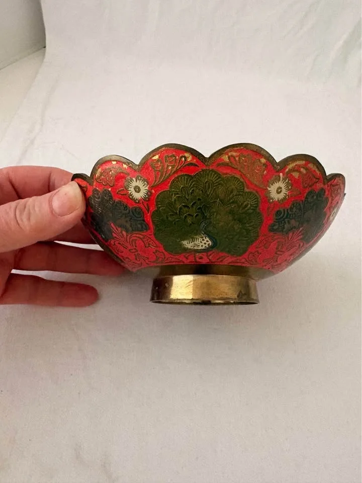 Vintage Indian Brass Enamel Peacock Bowl - photo 5