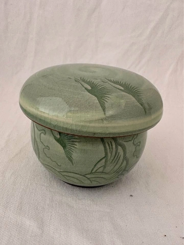 Korean Celadon Crane Design Butter Crock
