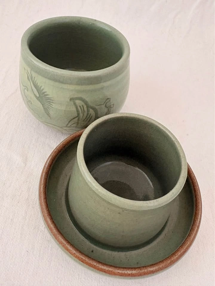 Korean Celadon Crane Design Butter Crock - photo 3
