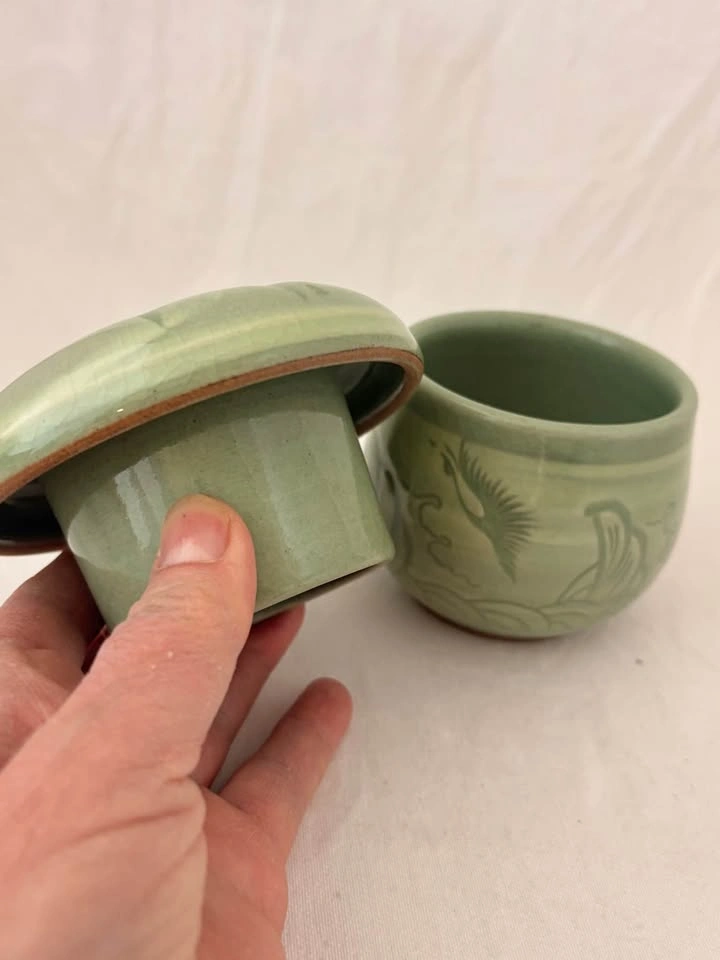 Korean Celadon Crane Design Butter Crock - photo 4