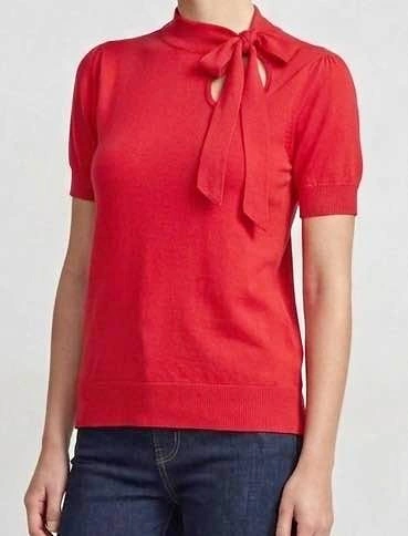 Red Short Sleeve Bow Mock Neck Sweater -Small