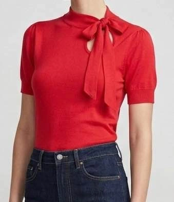 Red Short Sleeve Bow Mock Neck Sweater -Small - photo 2