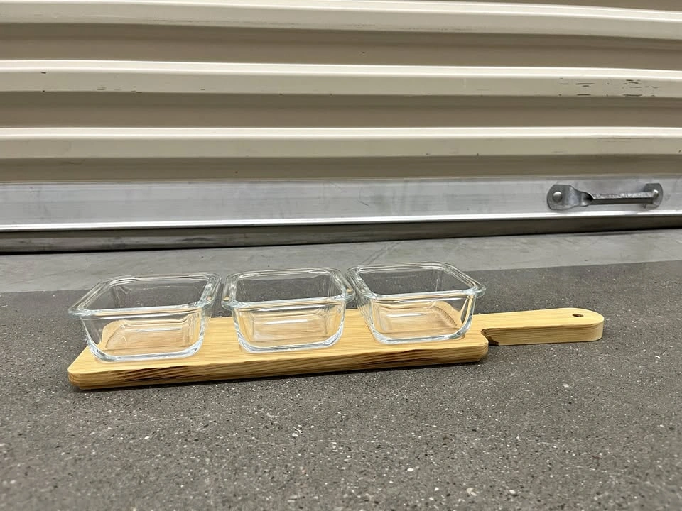 Glass Condiment/Appetizer Serving Set on Bamboo Board