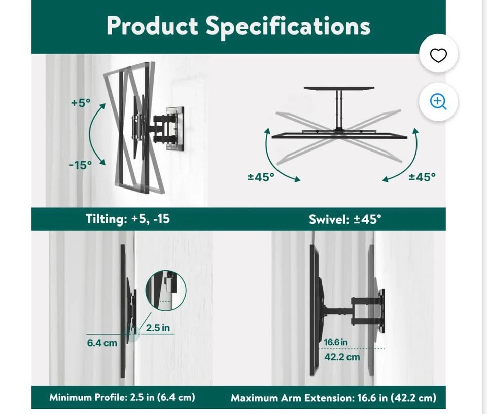 Extra-Wide Full Motion TV Wall Mount 50-86in 120lb - New in Box - photo 3