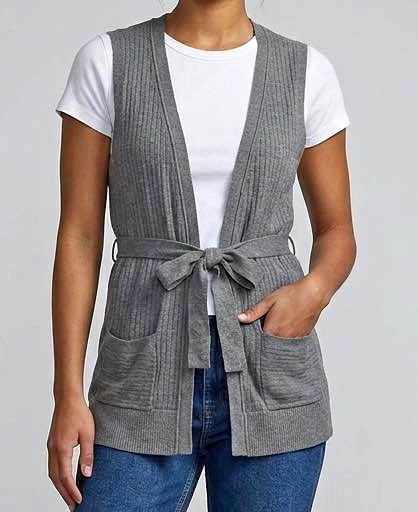 Grey Sleeveless Tie-Front Cardigan Vest