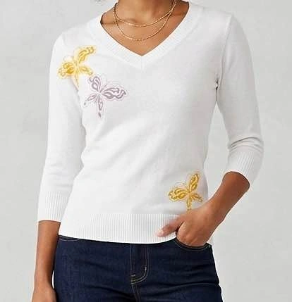 White V-Neck Sweater with Butterfly Design