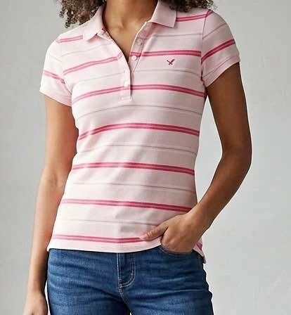 American Eagle Striped Pink Polo Shirt XS