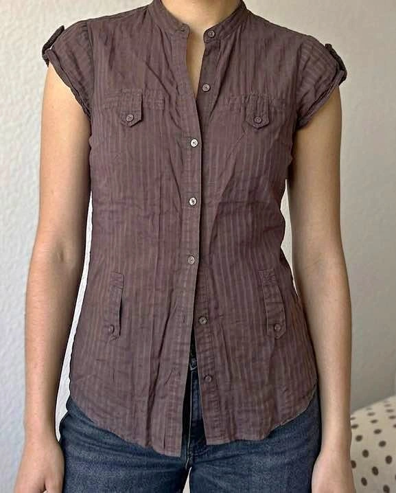 Brown Striped Cap Sleeve Button-Up Shirt XS