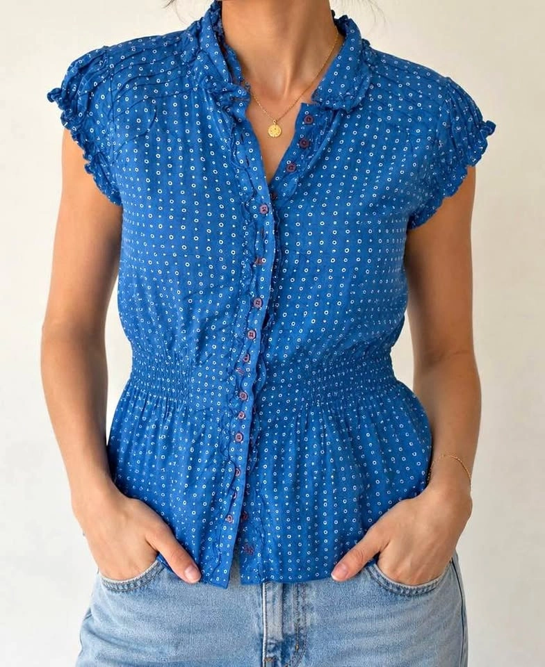 Blue polka dot peplum blouse -Small