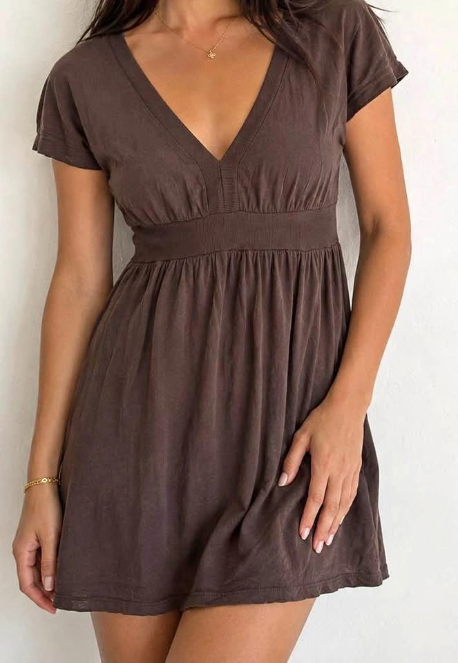 Brown V-Neck Mini Dress XS