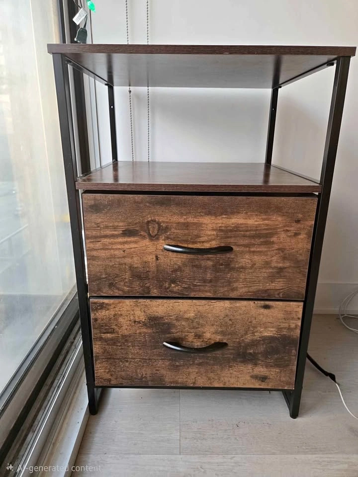 Rustic Industrial Nightstand with 2 Drawers and Shelf