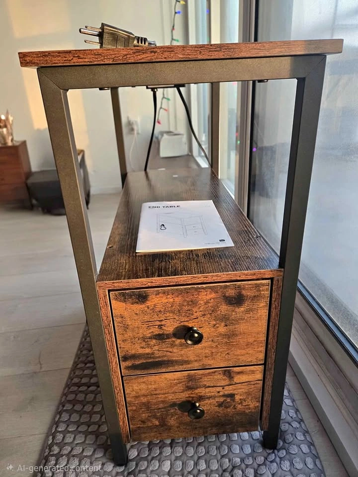 Rustic End Table with Charging Station and Drawers