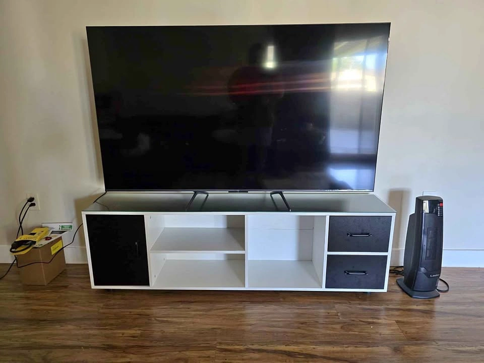 TCL 65'' TV and Modern White and Black TV Stand