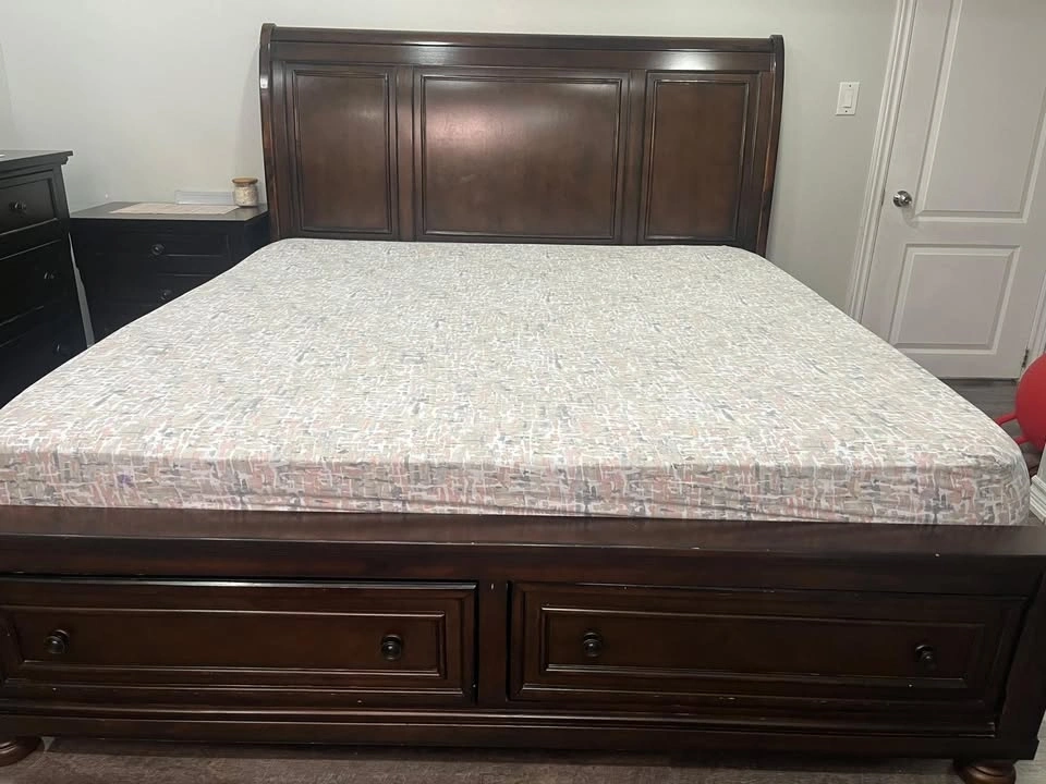 Dark Wood Sleigh Bedroom Set with Storage Bed, Dresser, Mirror, - photo 2
