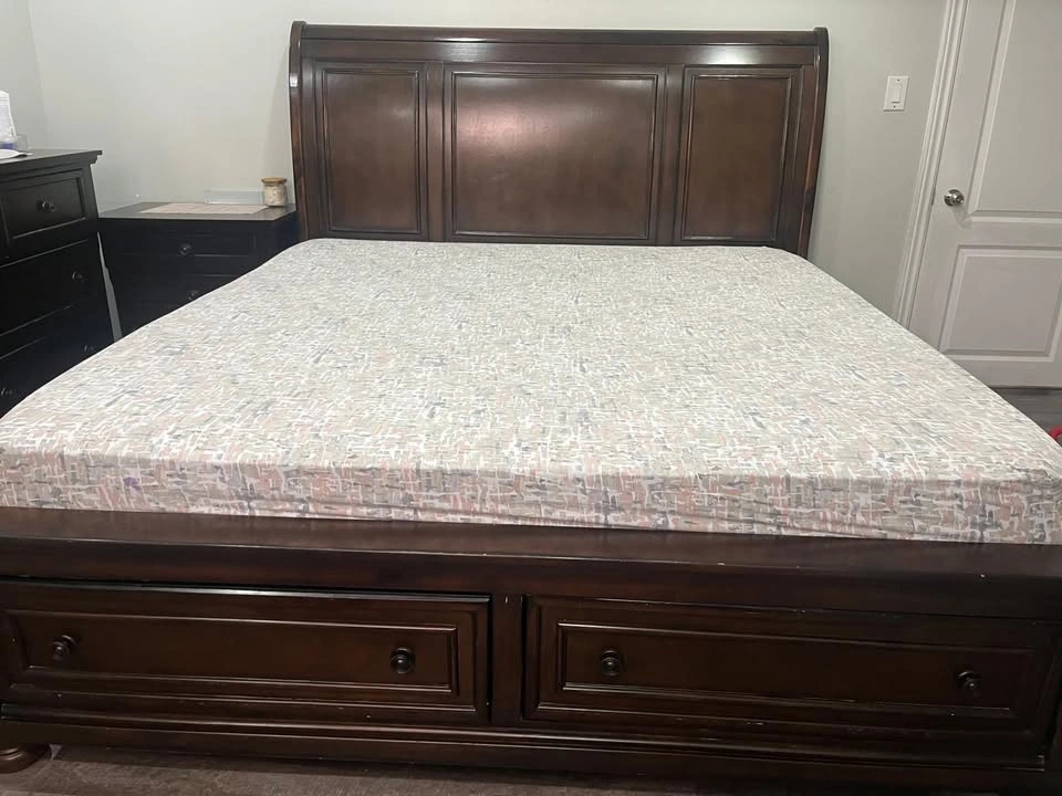 Dark Wood Sleigh Bedroom Set with Storage Bed, Dresser, Mirror, - photo 3