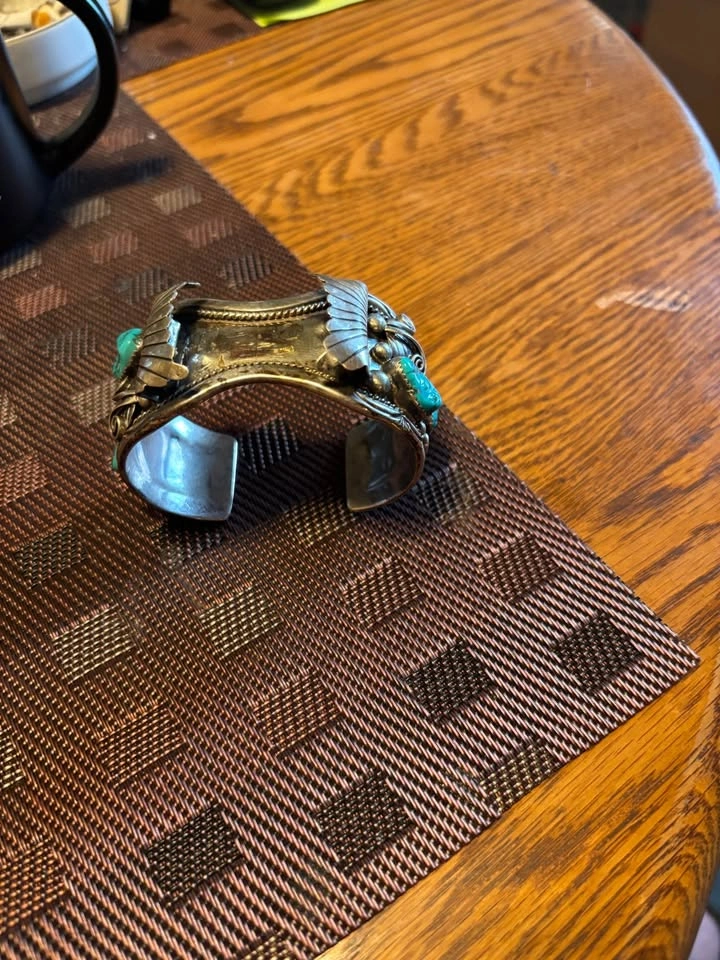 Vintage Sterling silver Navajo watch cuff with turquoise stones - photo 2