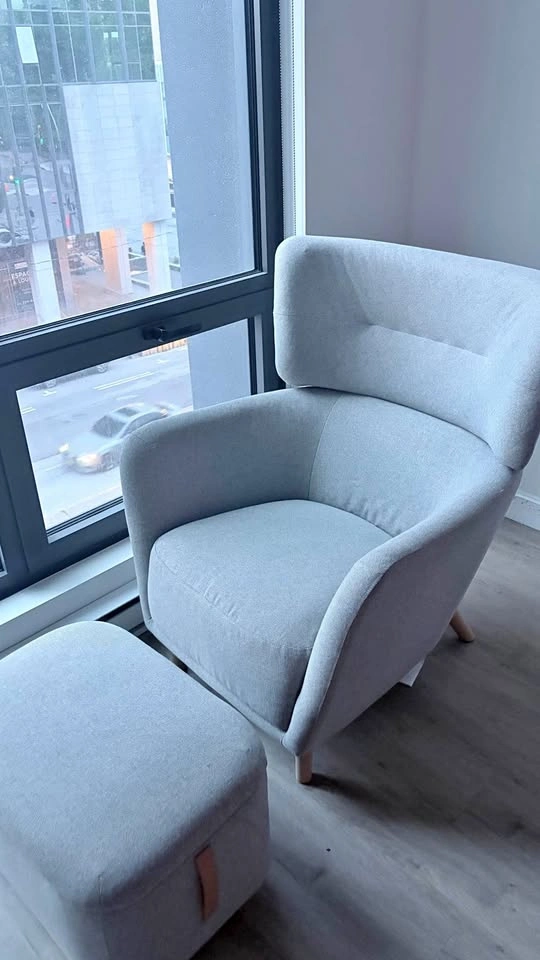 Light Grey Fabric Armchair and Ottoman Set