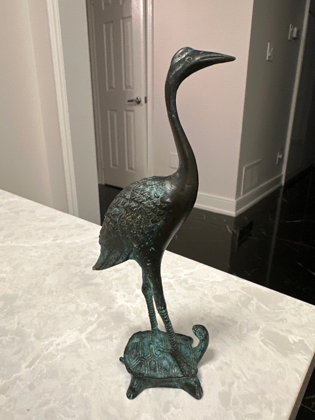 Vintage bronze crane standing on a turtle sculpture - photo 2