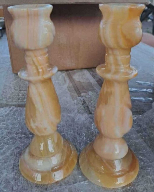 Pair of Vintage Onyx Stone Candle Holders – 8" Tall