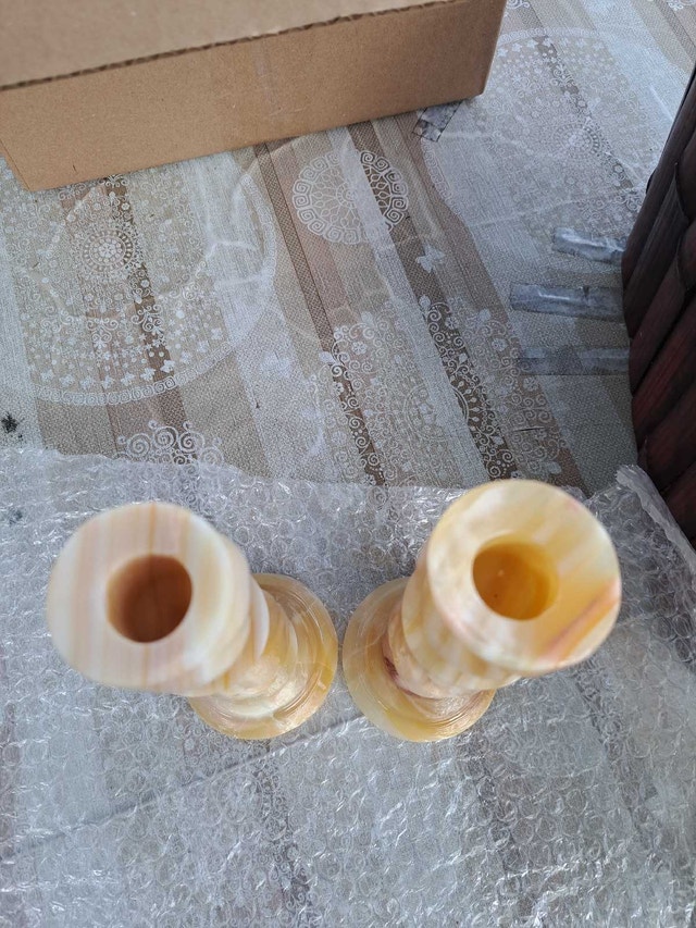 Pair of Vintage Onyx Stone Candle Holders – 8" Tall - photo 2