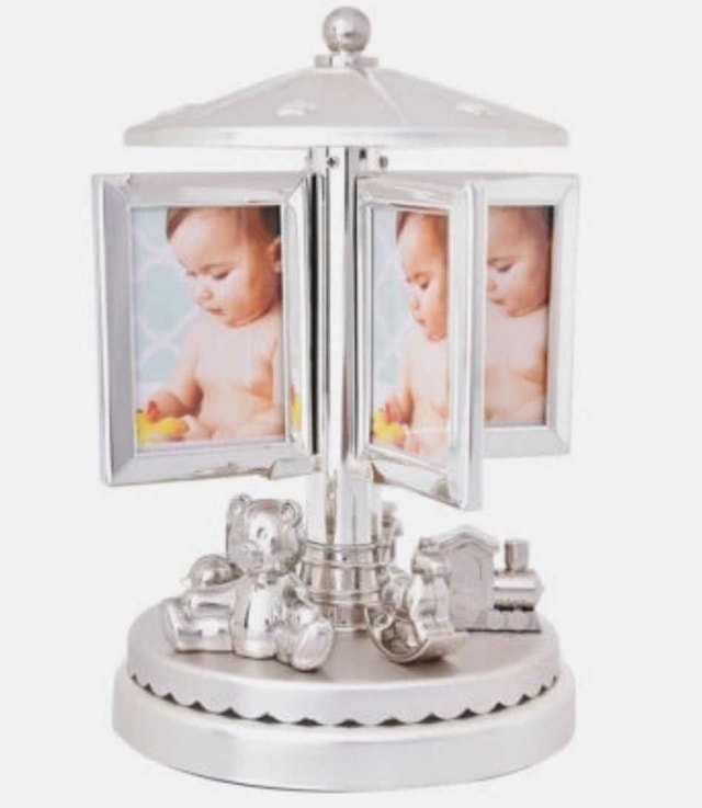 Silver Teddy Musical Carousel Music Box Rotating Photo Frame